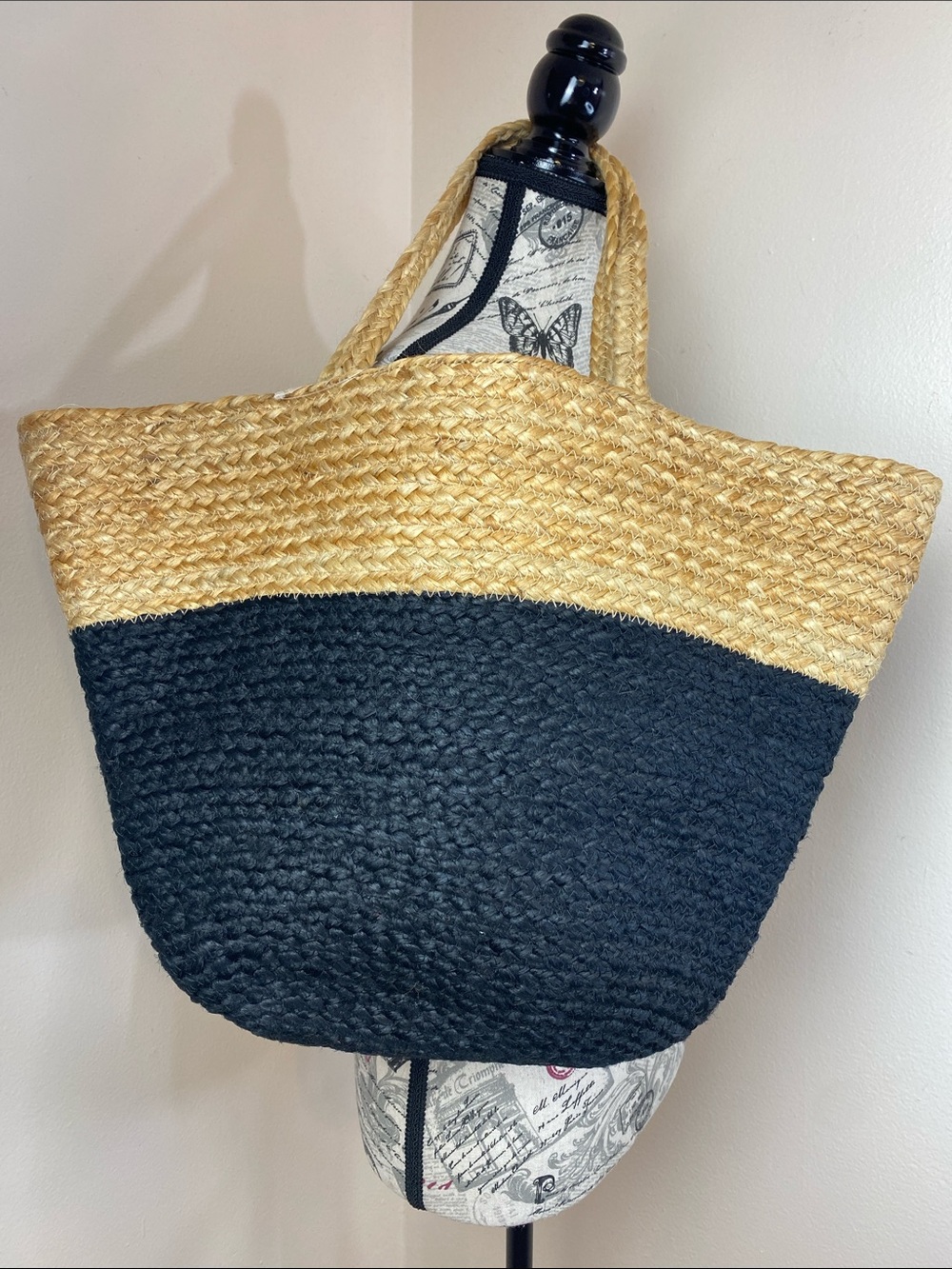 J. Jill Large Two-Tone Jute Straw Beach Tote Bag Black & Natural Boho